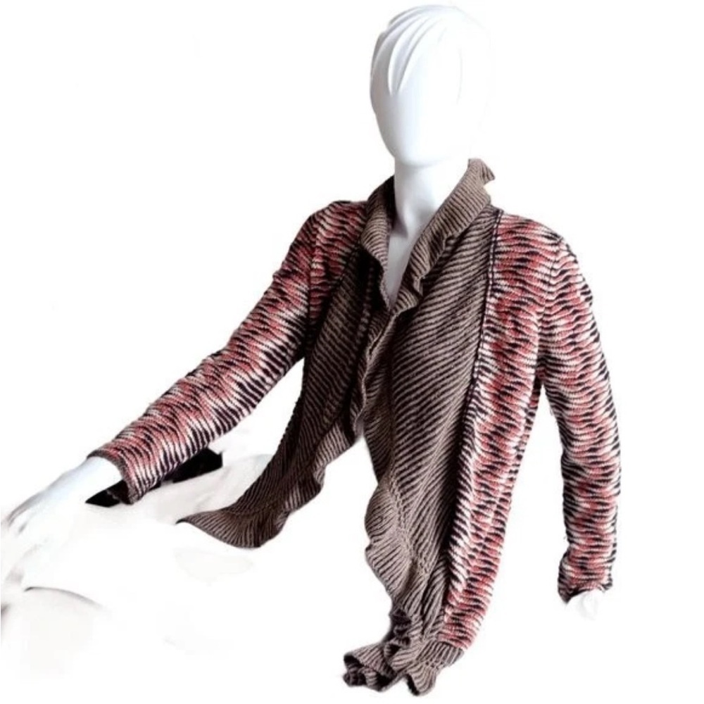 NIC+ZOE Silk/Cotton Brown/Pink Chevron Open Ruffle Cardigan Sweater XSP